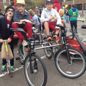 This quadricycle was used to pull the hot dog cart. It was made from two hubway bikes. 